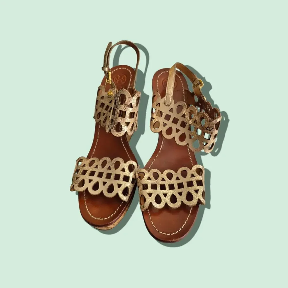 Tory Burch Nori Metallic‎ Gold Leather Platform Cork Wedge Sandals 10.5 M Glam